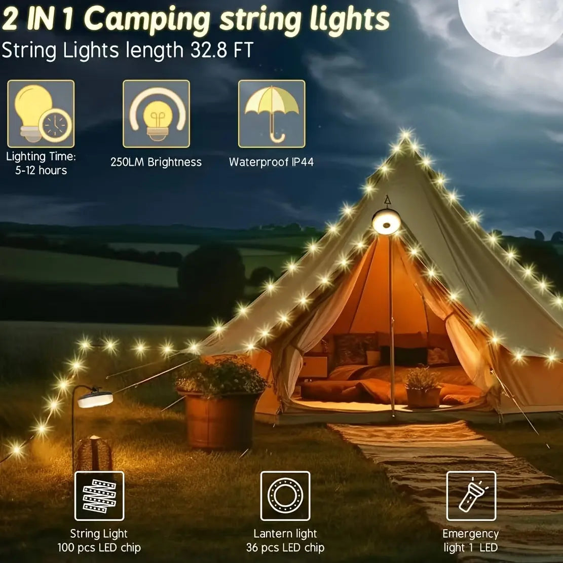 2-in-1 Rechargeable Camping Light String – Waterproof with 5 Light Modes for Outdoor - TARHUS