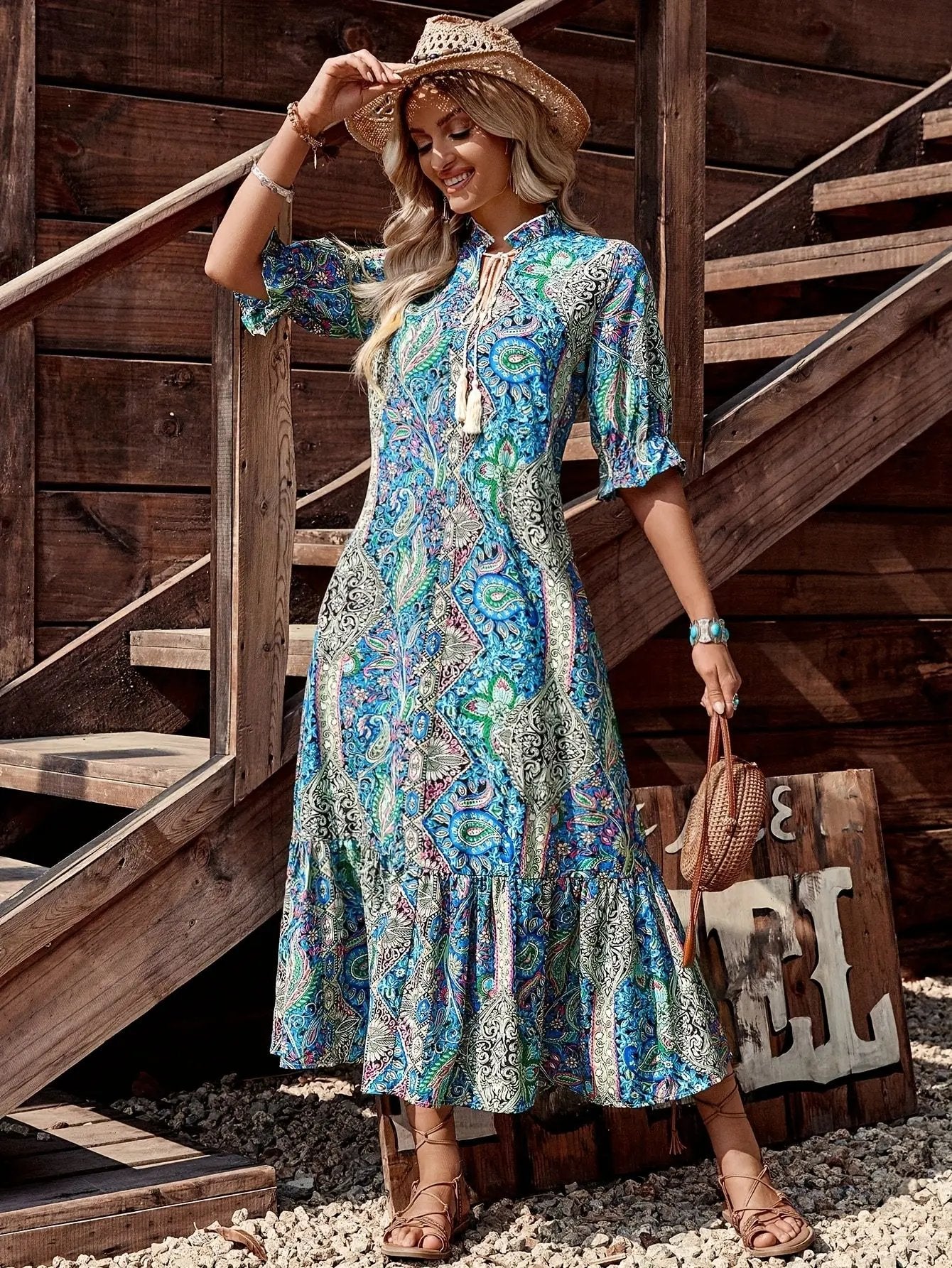 Western Boho Paisley Long Dress - TARHUS