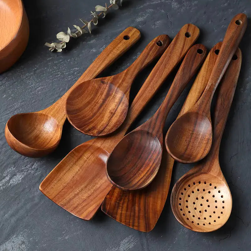 Handmade Teak Utensils Set | 7 Kitchen Tools – Chemical-Free Wood TARHUS Cooking Utensils