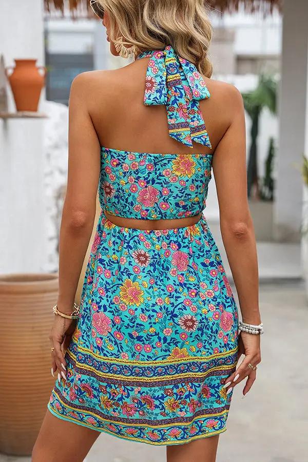 Bohemia Floral Print Halter Neck Mini Dress - TARHUS