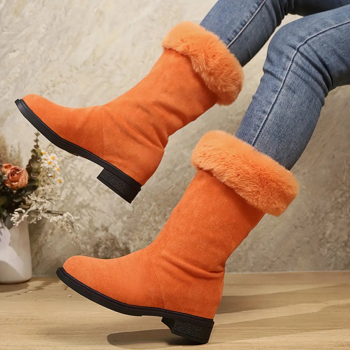 Mid-Calf Winter Booties for Women – Soft Plush Slip-On Snow Boots with Platform Heel | Warm Indoor Outdoor Cold Weather Fashion - TARHUS