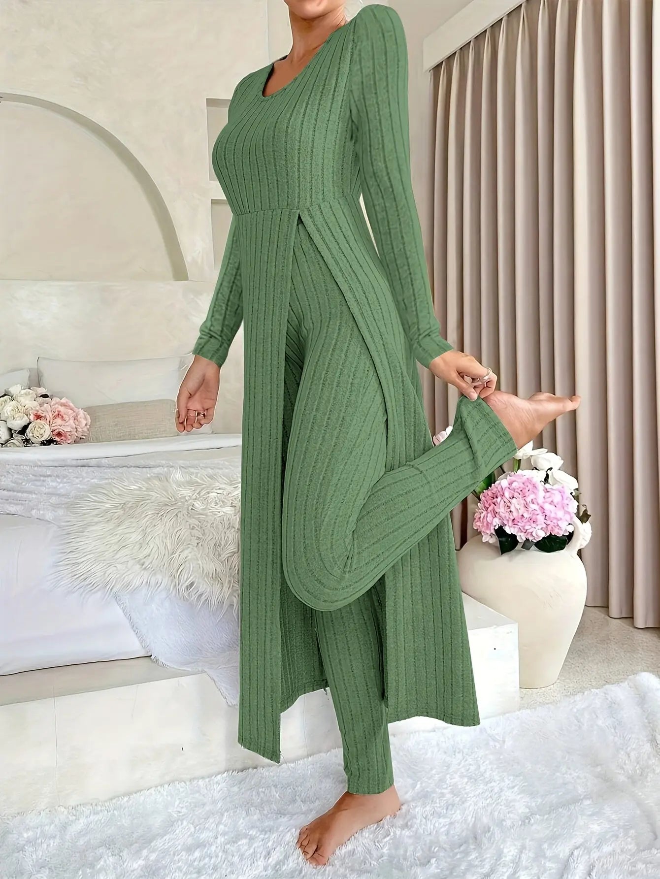 Women's Ribbed Lounge Set – Long Sleeve Top & Pants Two-Piece Outfit - TARHUS