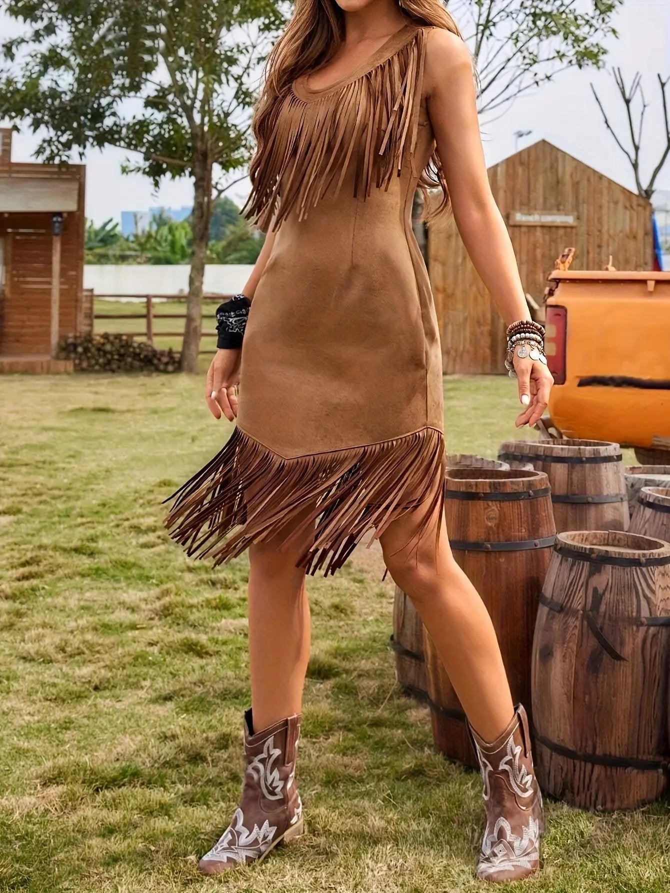 Western Summer Camel Fringe Dress - TARHUS