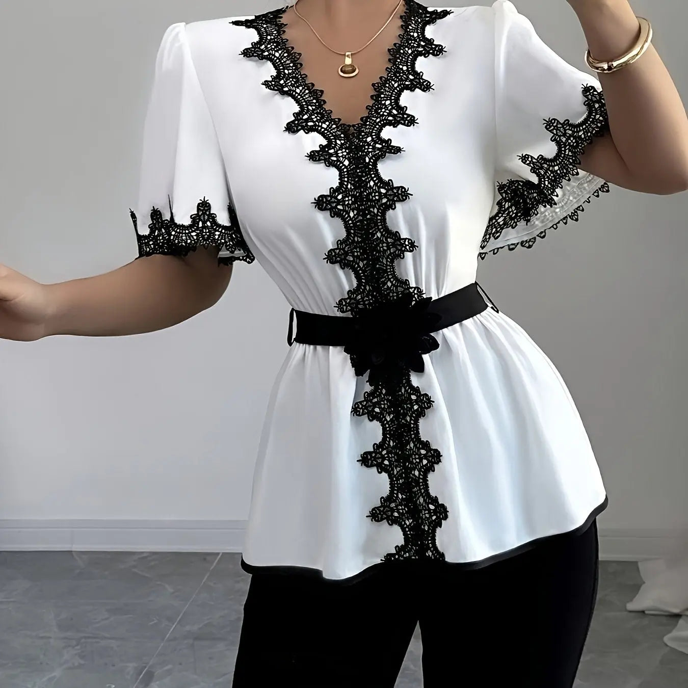 Elegant Lace Trim Blouse for Women – Long Sleeve, Lightweight, Stylish Office & Casual Top - TARHUS