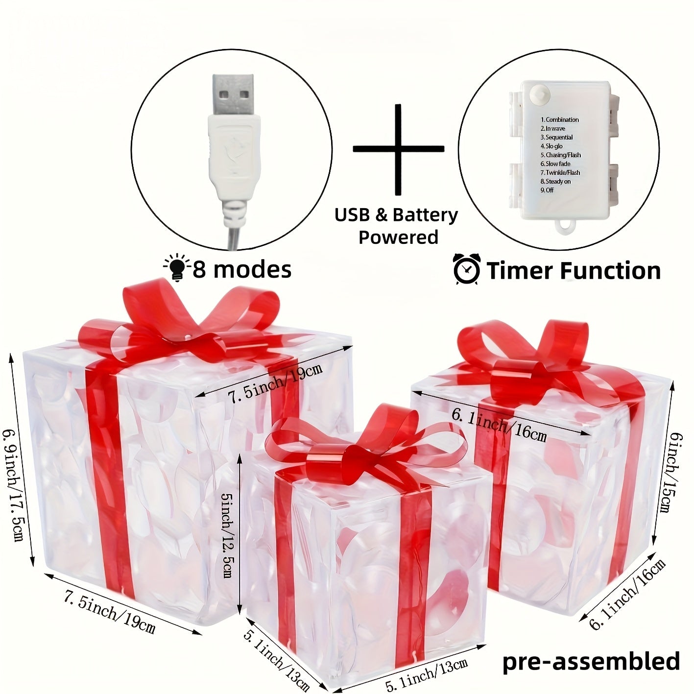 Set of 3 Lighted Christmas Gift Boxes – Warm White LED Presents with Red Bows TARHUS Christmas