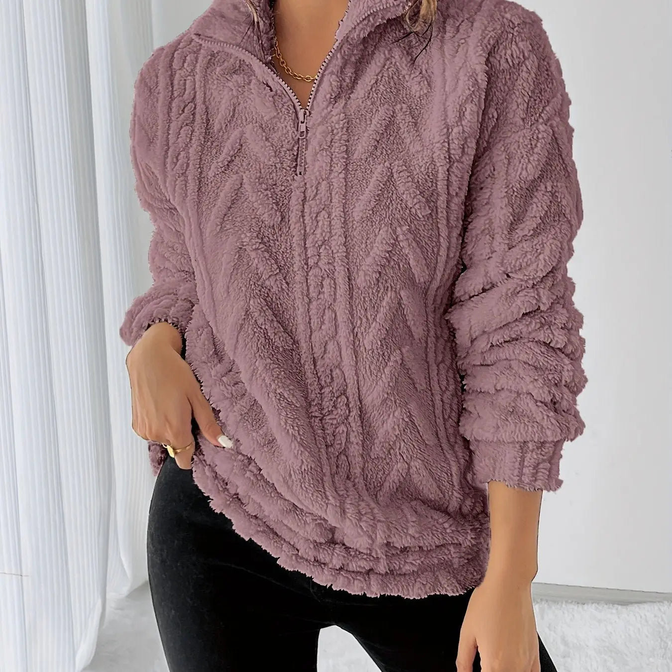 Women’s Fleece Zip-Up Sweatshirt – Long Sleeve Lapel Collar Pullover with Fluffy Texture - TARHUS