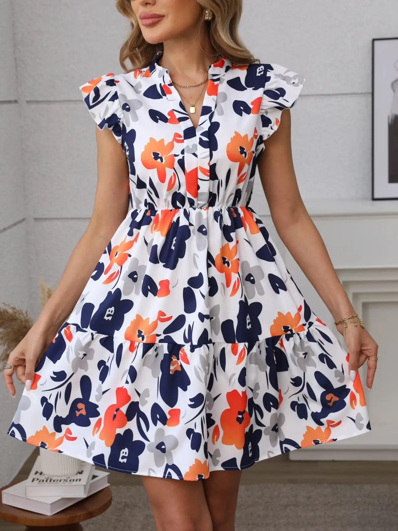 Tiered Mini Floral Dress with V-neck, Flutter Sleeves for Women TARHUS SS - Womens - Mini Dress