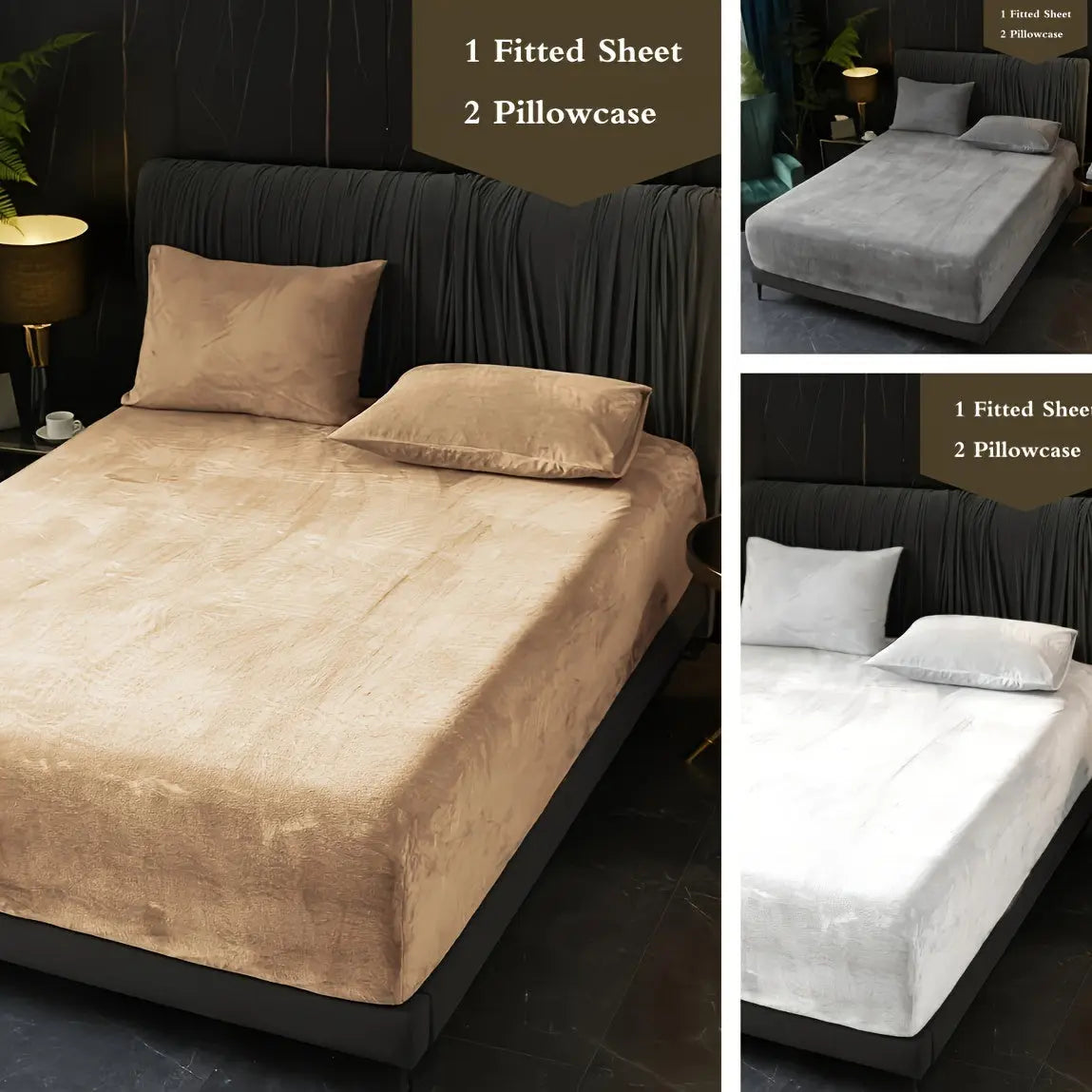 3-Piece Deep Pocket Velvet Fitted Sheet Set - Ultra-Soft Bedding with Pillowcases - TARHUS