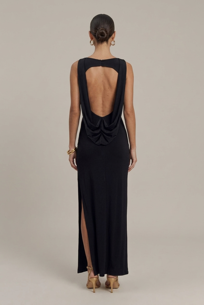 Women's Sleeveless Round Neck Ruched Backless Side Slit Maxi Dress TARHUS Maxi Dress