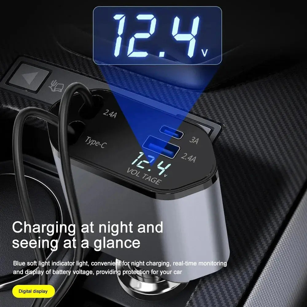 120W Retractable Car Charger – High-Speed Dual Port USB Adapter - TARHUS