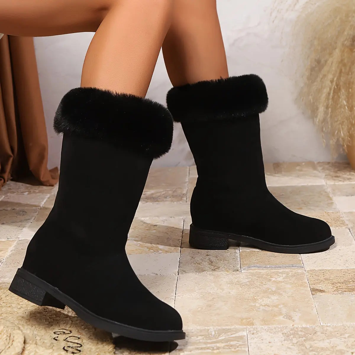 Mid-Calf Winter Booties for Women – Soft Plush Slip-On Snow Boots with Platform Heel | Warm Indoor Outdoor Cold Weather Fashion - TARHUS