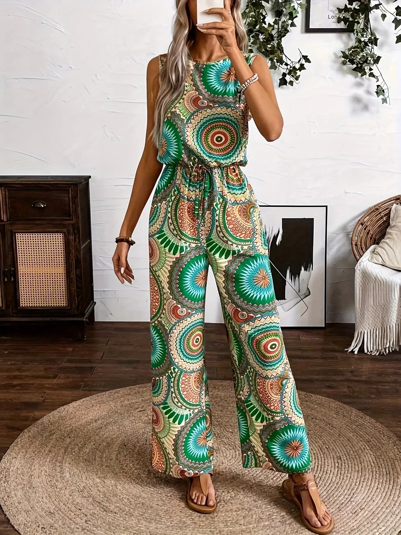 Boho Ethnic Print Jumpsuit for Women – Sleeveless, Wide-Leg, Casual Summer Outfit - TARHUS