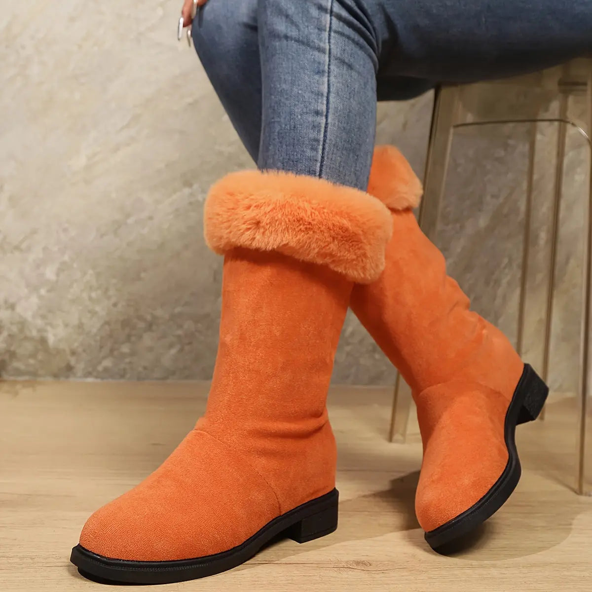 Mid-Calf Winter Booties for Women – Soft Plush Slip-On Snow Boots with Platform Heel | Warm Indoor Outdoor Cold Weather Fashion - TARHUS
