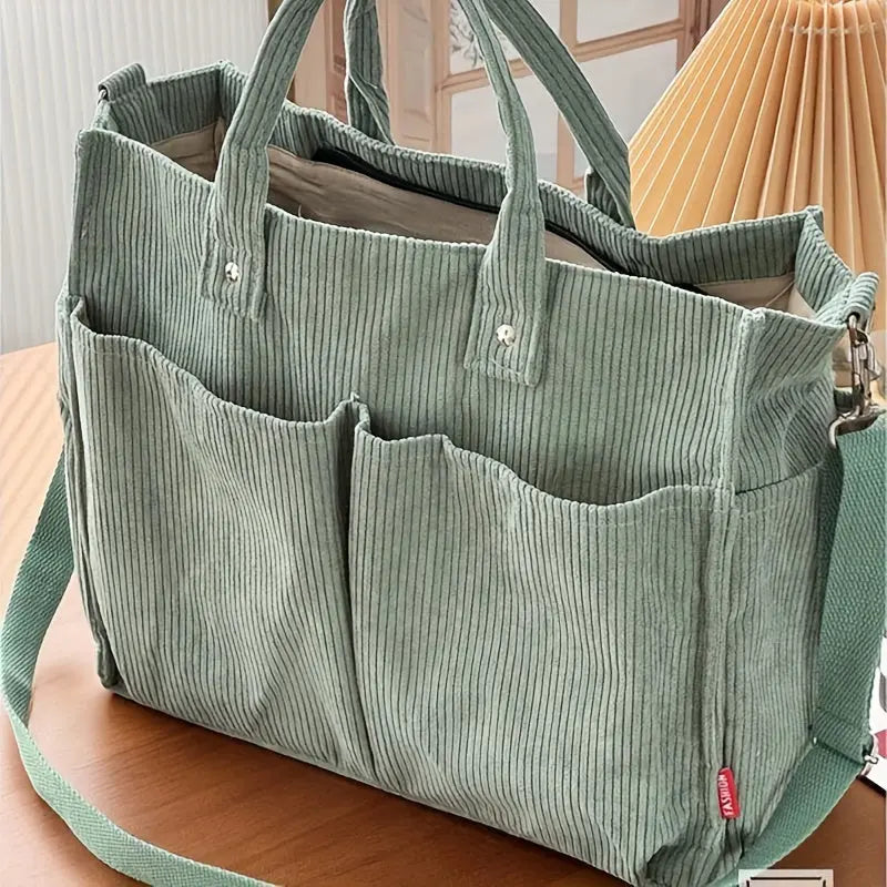Corduroy Tote Bag for Women with Multi-Pockets – Casual Shoulder & Crossbody Handbag - TARHUS