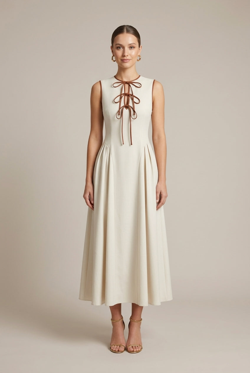 Women's Sleeveless Maxi Dress - Bow Tie Front Drop Waist A-Line Skirt TARHUS Maxi Dresses