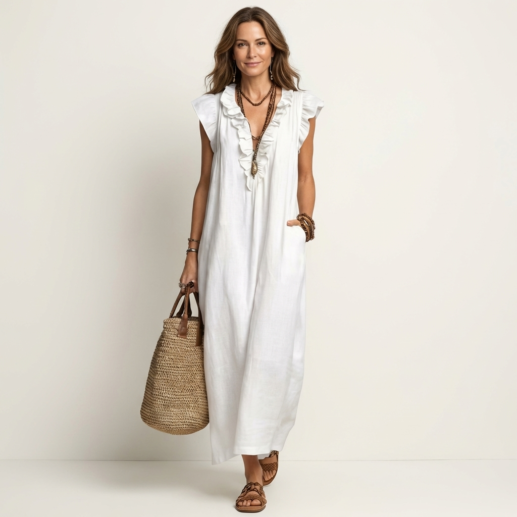 Josette | Ruffle V-Neck Linen Maxi Dress TARHUS Dresses