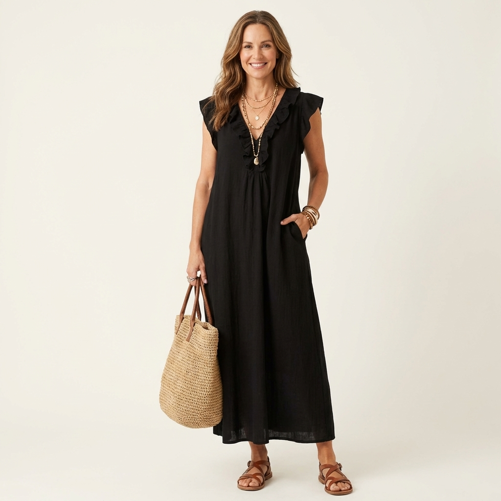 Josette | Ruffle V-Neck Linen Maxi Dress TARHUS Dresses