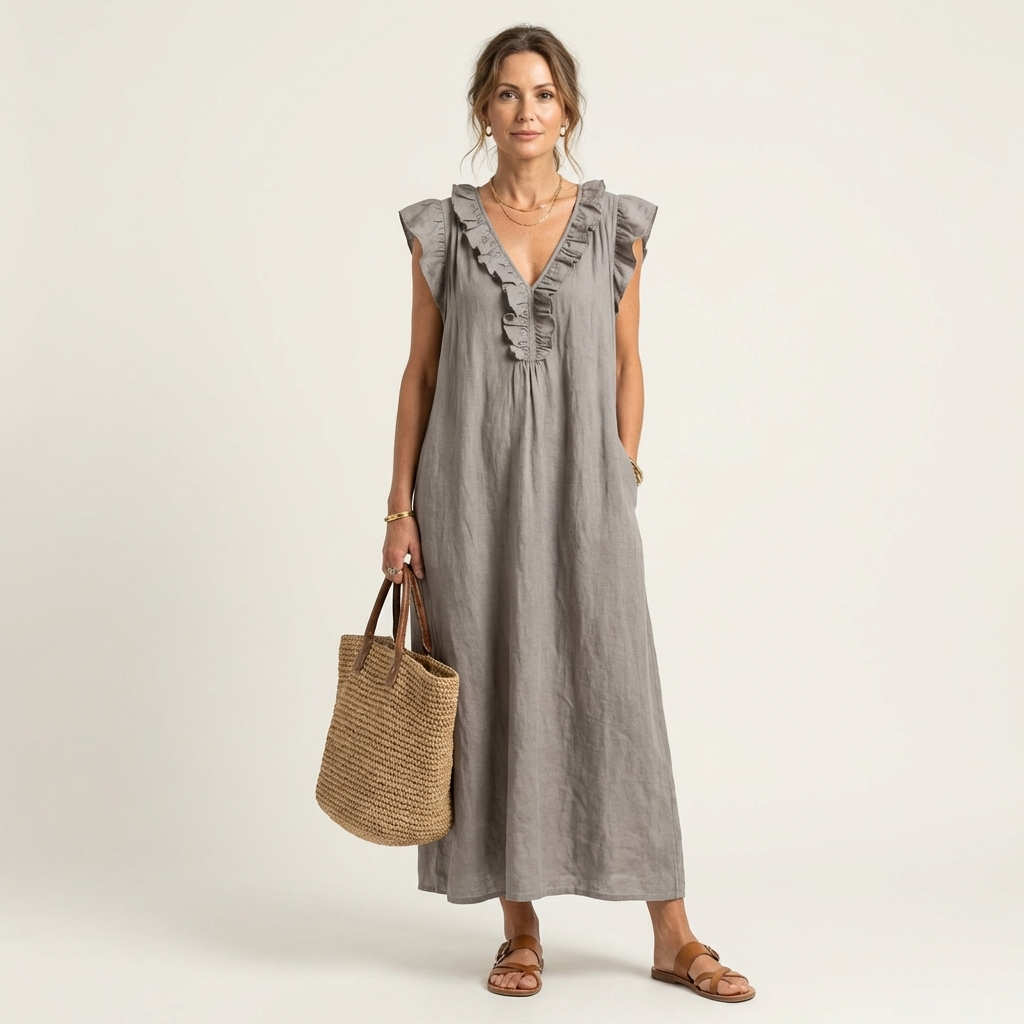 Josette | Ruffle V-Neck Linen Maxi Dress TARHUS Dresses