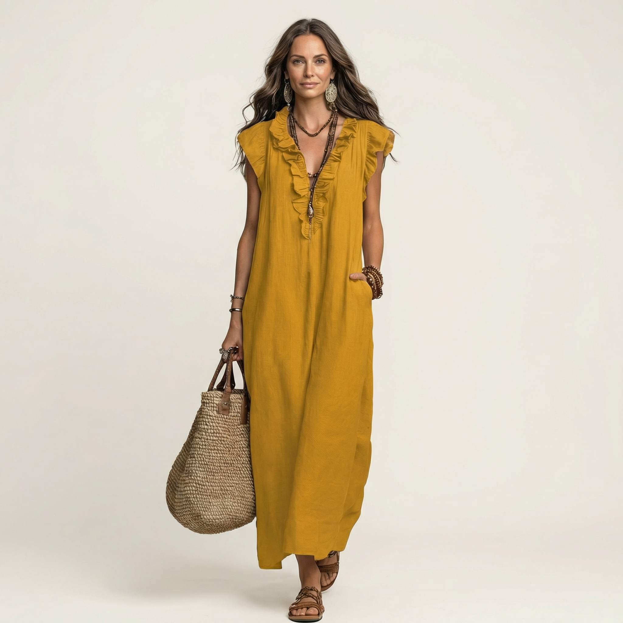 Josette | Ruffle V-Neck Linen Maxi Dress TARHUS Dresses