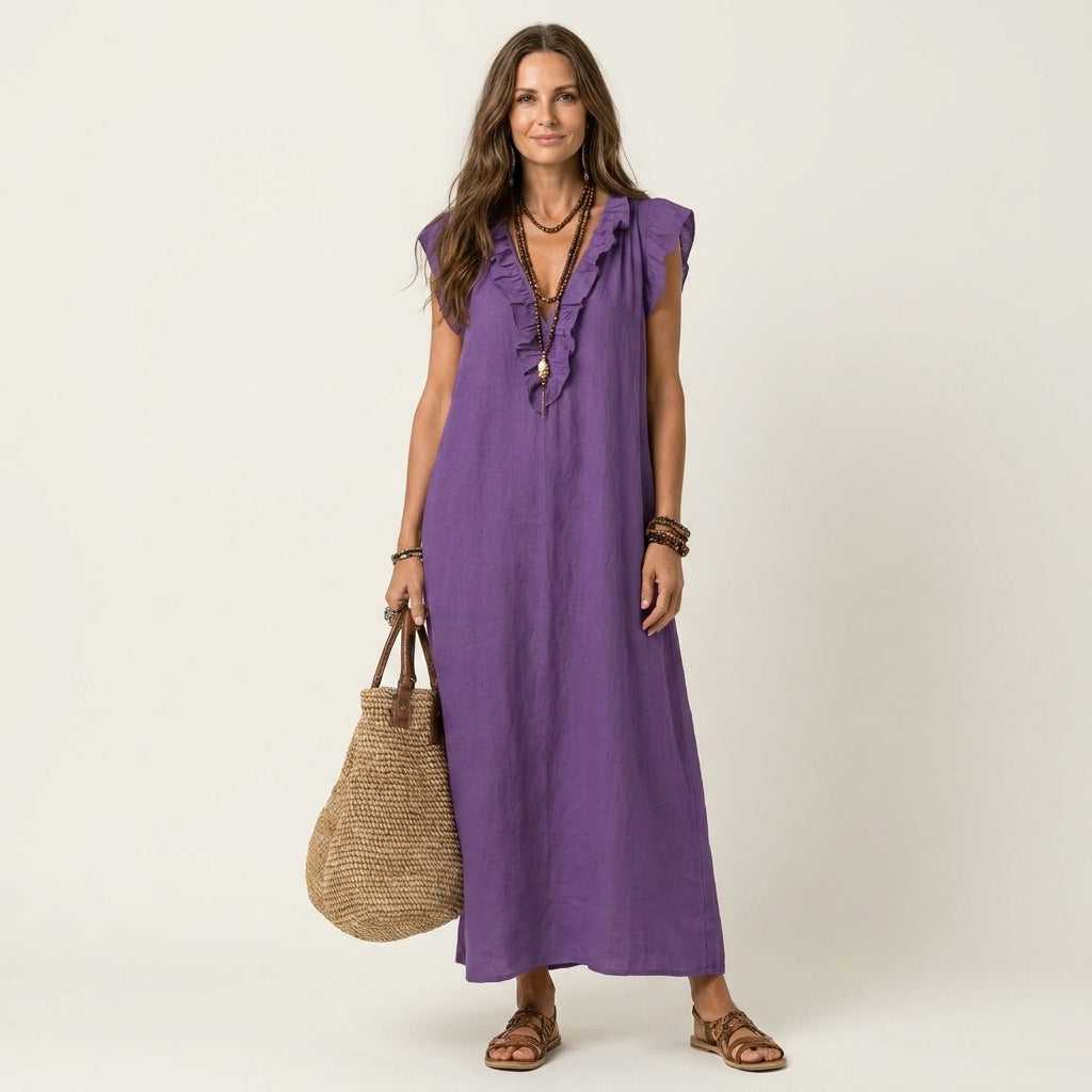 Josette | Ruffle V-Neck Linen Maxi Dress TARHUS Dresses