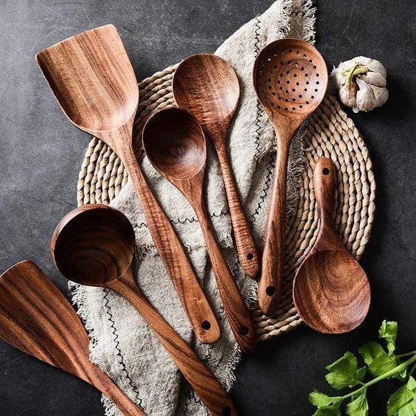 Handmade Teak Utensils Set | 7 Kitchen Tools – Chemical-Free Wood TARHUS Cooking Utensils