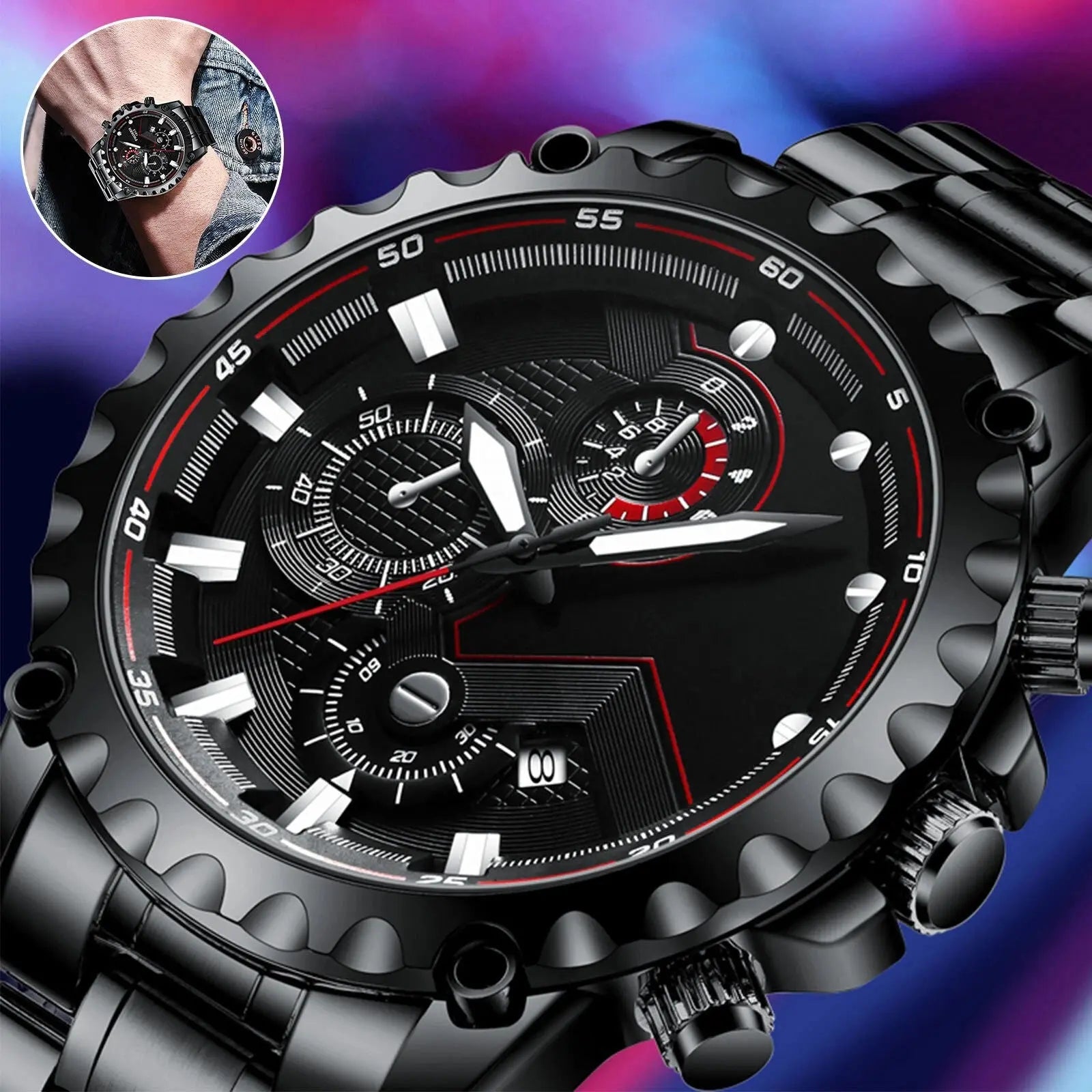 Men’s Black Stainless Steel Chronograph Watch – Waterproof Sport Watch - TARHUS