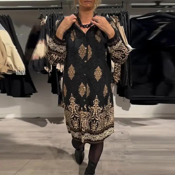 Vintage Print Shirt Dress – Long Lantern Sleeves, Lapel Collar & Button Front TARHUS Dresses