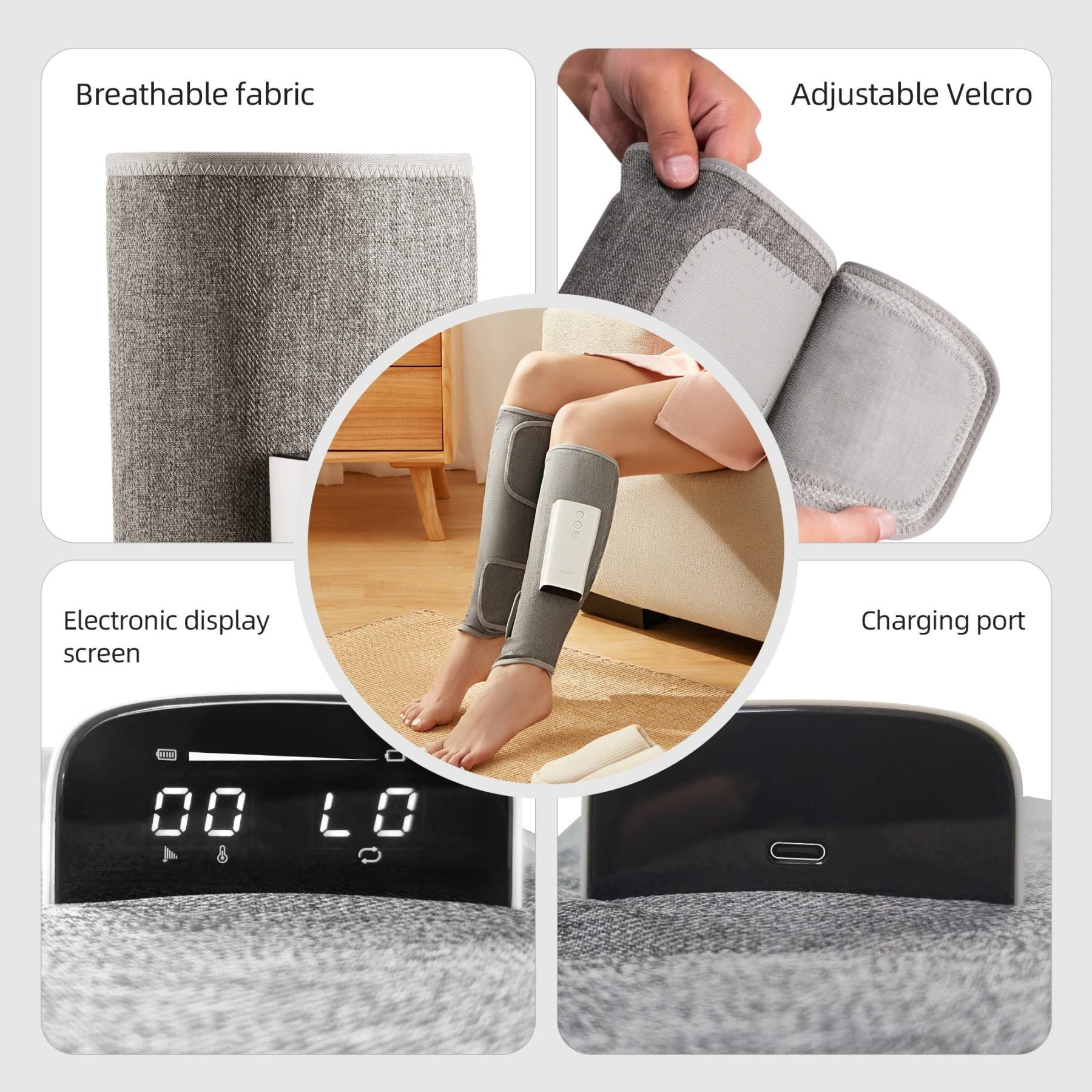 Leg Massager Rechargeable With Air Compression – Multiple Mode – 2600mAh Battery / Grey TARHUS