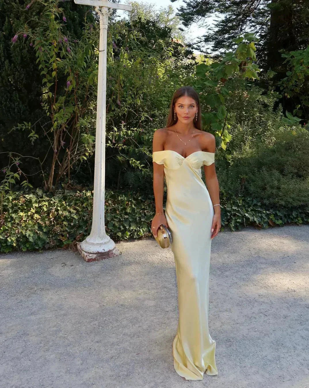 Elegant Off-Shoulder Yellow Maxi Dress TARHUS Maxi Dresses (Women)