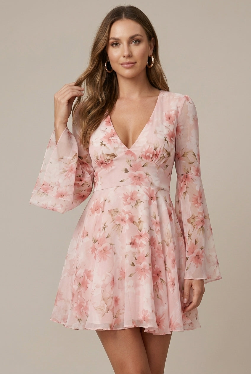 Women's Floral V-Neck Bell Sleeve Fit and Flare Mini Dress TARHUS Mini Dresses