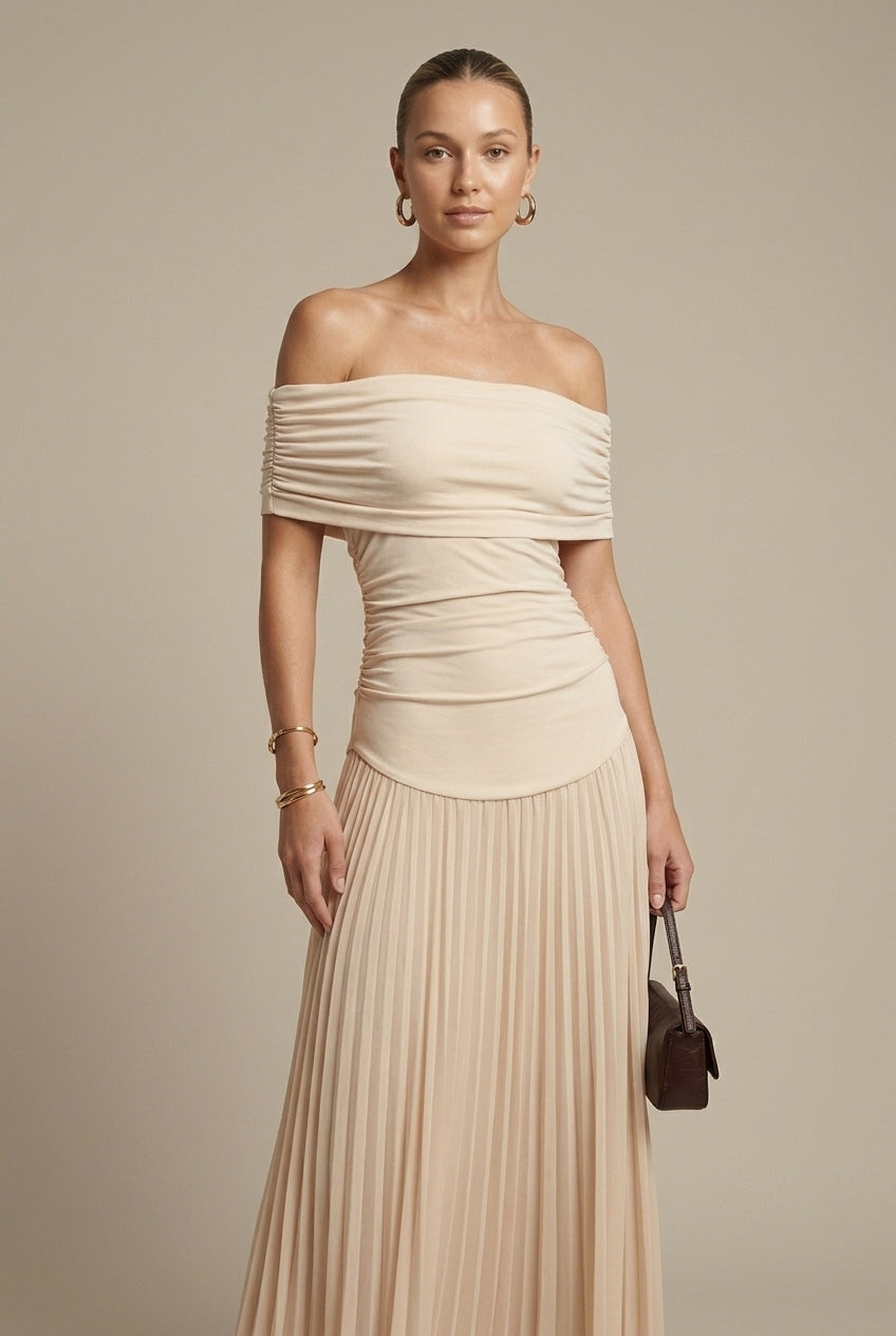 Women's Off Shoulder Pleated Maxi Dress - Ruched - Wedding Guest TARHUS Maxi Dresses
