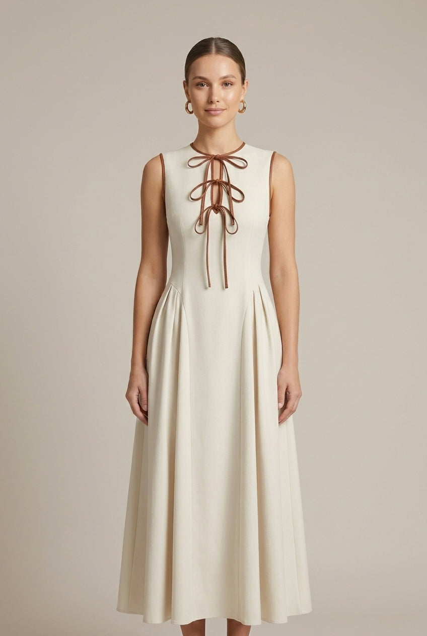 Women's Sleeveless Maxi Dress - Bow Tie Front Drop Waist A-Line Skirt TARHUS Maxi Dresses