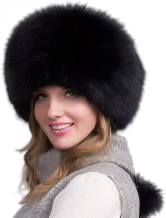 Women’s 100% Natural Fox Fur Winter Hat – Thick Warm Fur Cap with Earmuffs, Elegant Cold Weather Fashion - TARHUS
