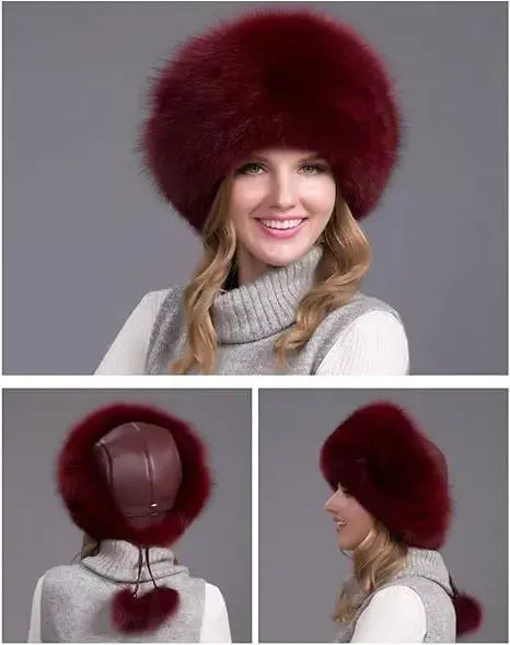 Women’s 100% Natural Fox Fur Winter Hat – Thick Warm Fur Cap with Earmuffs, Elegant Cold Weather Fashion - TARHUS