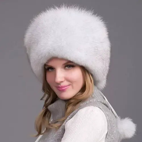 Women’s 100% Natural Fox Fur Winter Hat – Thick Warm Fur Cap with Earmuffs, Elegant Cold Weather Fashion - TARHUS