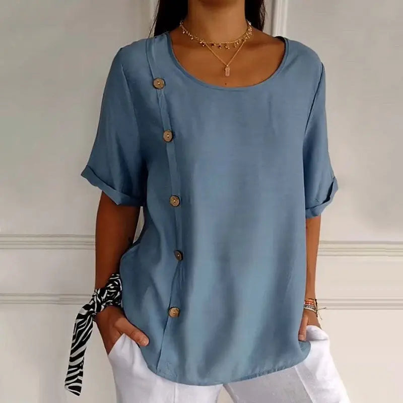 Women's Crew Neck Side Button Blouse - TARHUS