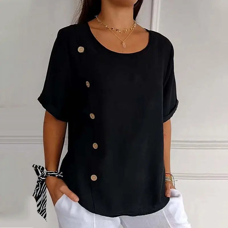 Women's Crew Neck Side Button Blouse - TARHUS