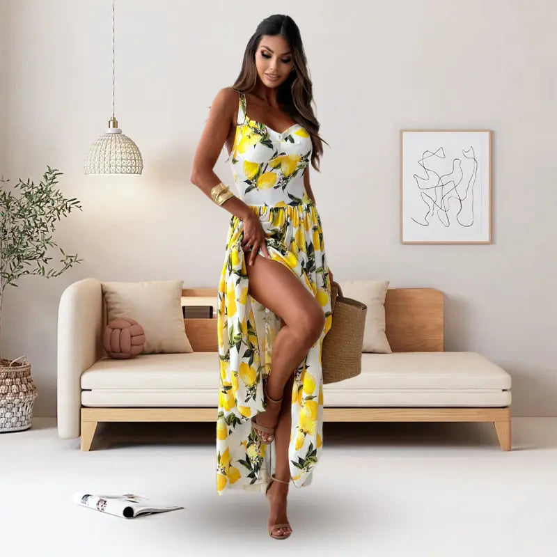 Women’s Elegant Lemon Print Spaghetti Strap Flowy Long Dress - TARHUS