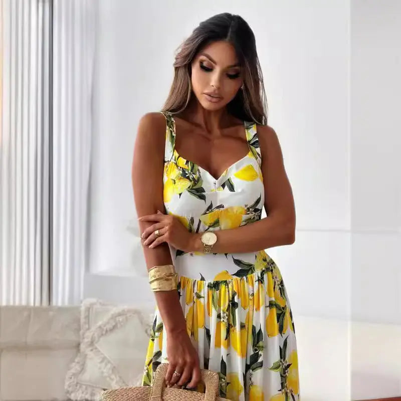 Women’s Elegant Lemon Print Spaghetti Strap Flowy Long Dress - TARHUS