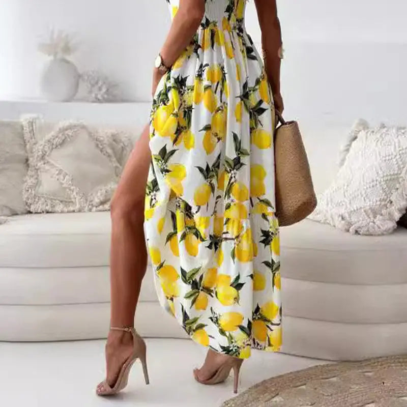 Women’s Elegant Lemon Print Spaghetti Strap Flowy Long Dress - TARHUS