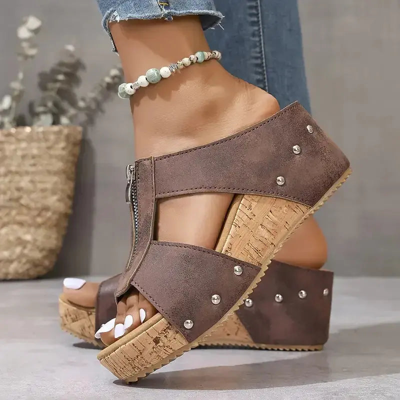 Women's Fashion Rivet Wedge Fish Mouth Thick Bottom Sandals - TARHUS