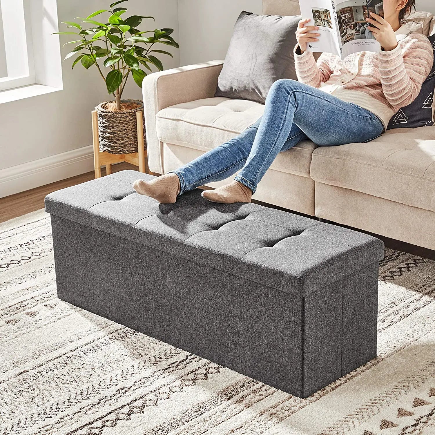 Storage Ottoman Bench Fabric Large - Grey - TARHUS