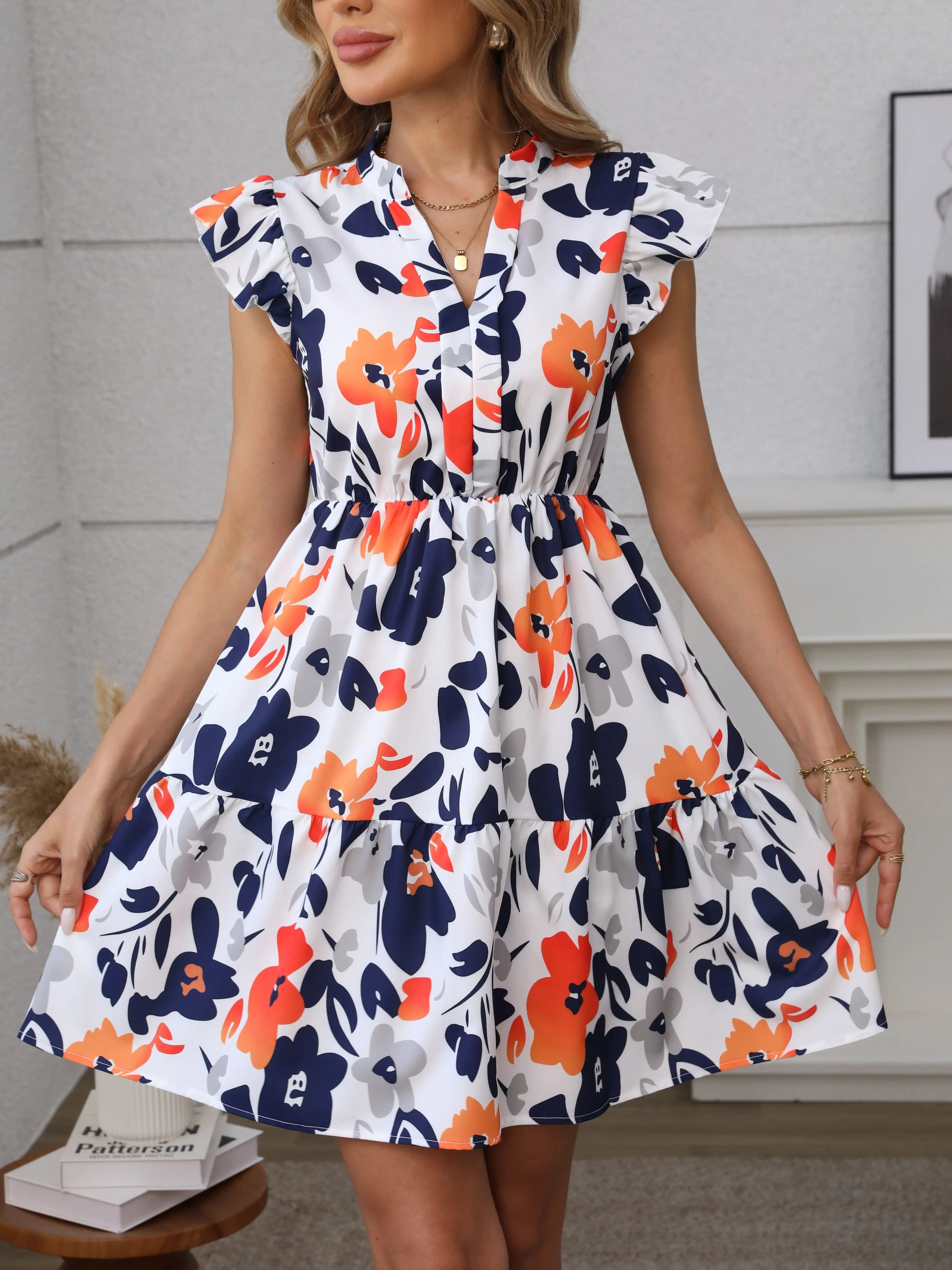 Tiered Mini Floral Dress with V-neck, Flutter Sleeves for Women TARHUS SS - Womens - Mini Dress