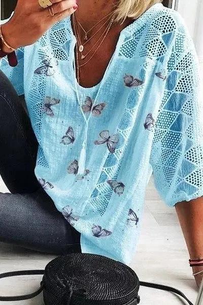 Women's Butterfly Print V-Neck Blouse - TARHUS