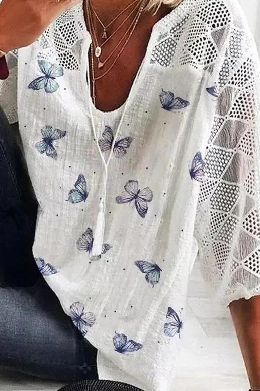 Women's Butterfly Print V-Neck Blouse - TARHUS