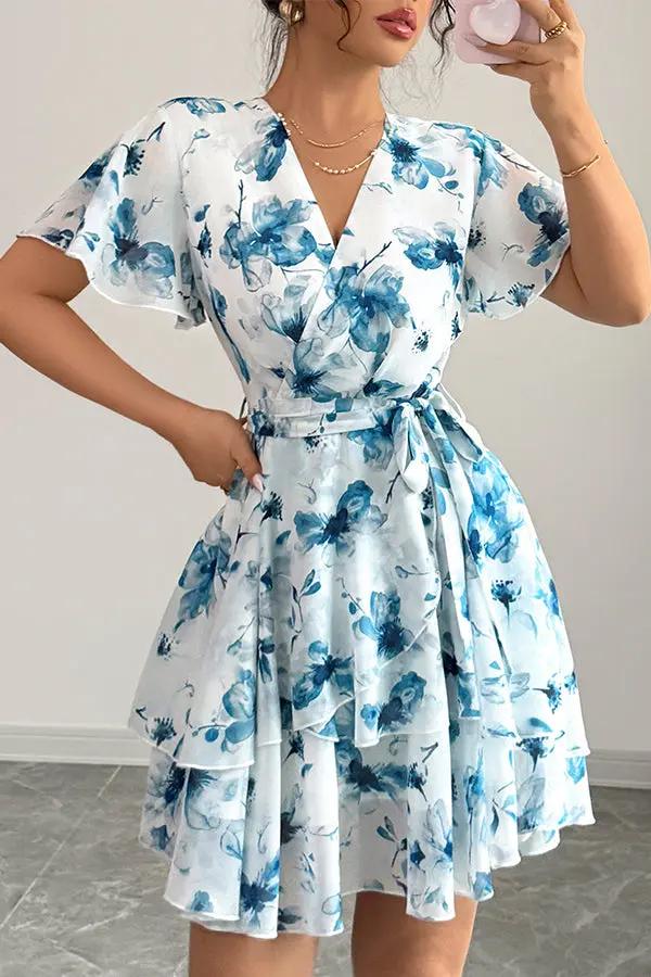 Fashion Printed Tie Waist Casual Dress - TARHUS