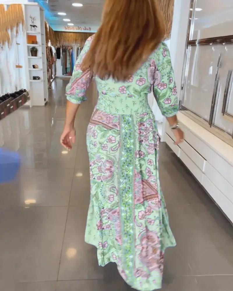 Boho V-Neck Maxi Dress for Women – Floral Holiday Dress with 3/4 Sleeves - TARHUS
