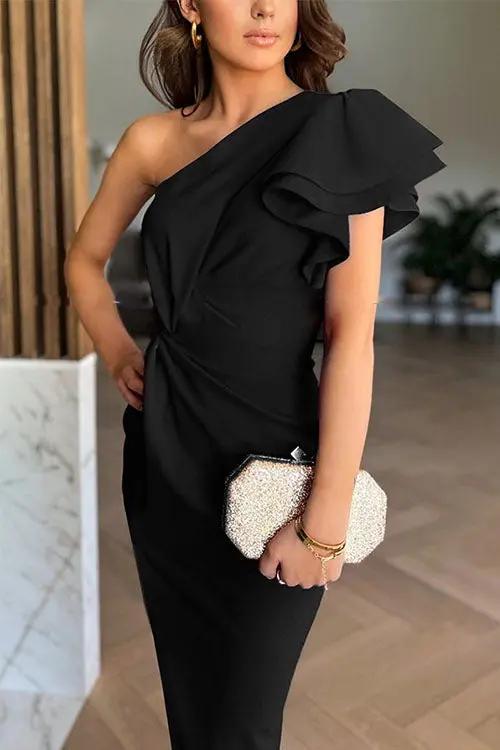 Caz -  Off-shoulder Ruffle Sleeve Slit Midi Dress - TARHUS