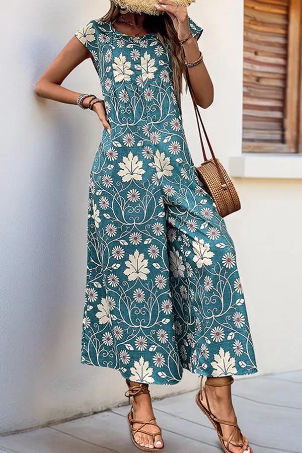 Vintage Floral Print  Casual Jumpsuit - TARHUS