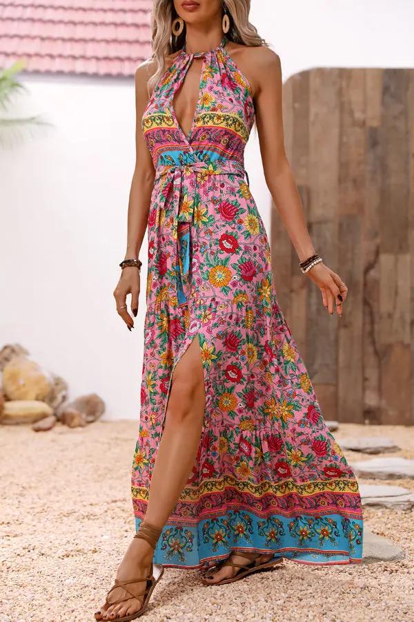 Bohemia Print Halter Neck Split Side Maxi Dress - TARHUS